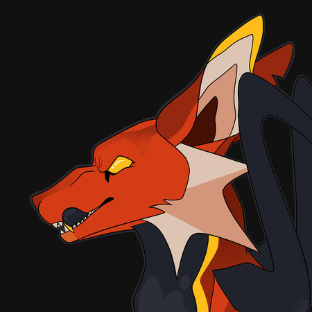 A flatcolor headshot of a canine-esq creature with orange fur, black goo covering its belly, bony wings, and gold eyes.