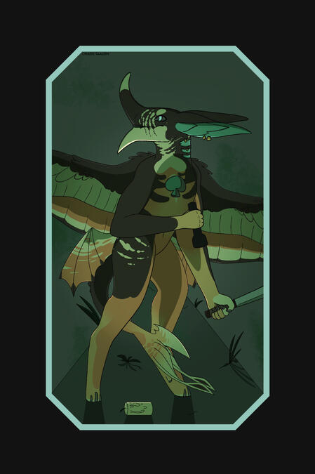 A humanoid monster with a shark-like face, a horn on its nose, and large wings.