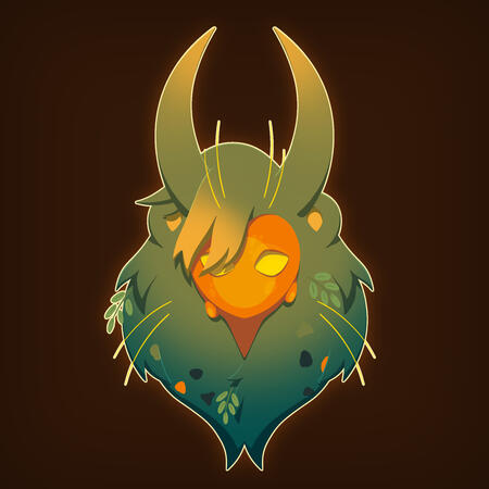 A lineless symmetrical icon of a strange creature with a green mane, green and yellow horns, and an orange face.